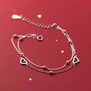 925 Sterling Silber Statement Double Layer Chain Armband Kleine Liebe Herzförmige Hand Charm Armbänder Schmuck für Frauen