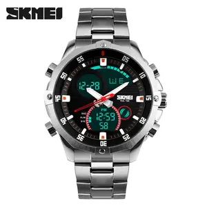 SKMEI-Relojes de pulsera de cuarzo para hombre, pulsera Digital de acero inoxidable, con alarma, resistente al agua hasta 30M, con retroiluminación, modelo 1146