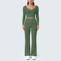 Conjunto de Dos Piezas para Yoga y Ejercicio, Top Corto con Cuello en V y Manga Larga, Pantalones de Cintura Alta y Pierna Ancha, 11 Colores