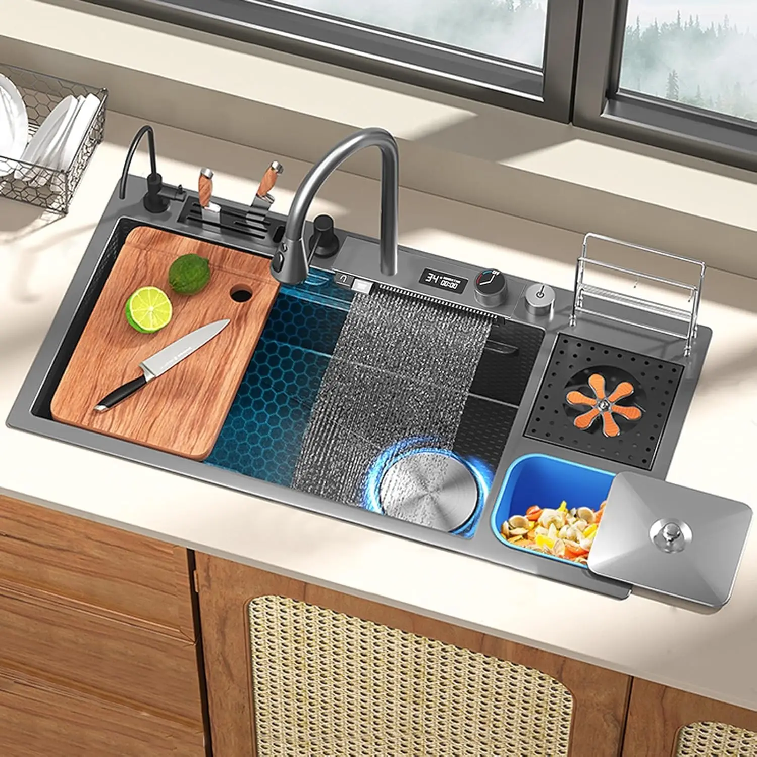 Black Modern Smart Kitchen Nano Stainless Steel Multifunctional Sinks with Double Waterfall Faucet Dishwasher for Restaurant