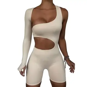 Một Mảnh Phòng Tập Thể Dục Thể Thao Quần Short Skinny Bodysuit Jumpsuit Cho Phụ Nữ 2023 Bán Buôn Một Vai Bodycon Sexy Rompers Phụ Nữ