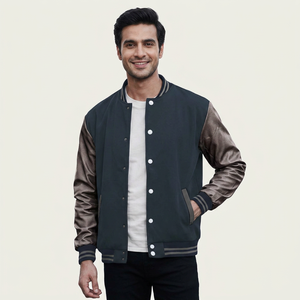 Blouson universitaire noir à col montant, option logo personnalisé sur le devant, vêtement d'extérieur décontracté et chaud - Product Image 1
