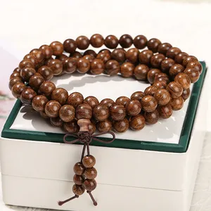 JD 108 Perles de prière en bois Mala Bracelets de méditation Bijoux Bracelets de bouddha bouddhiste en bois de santal doré naturel