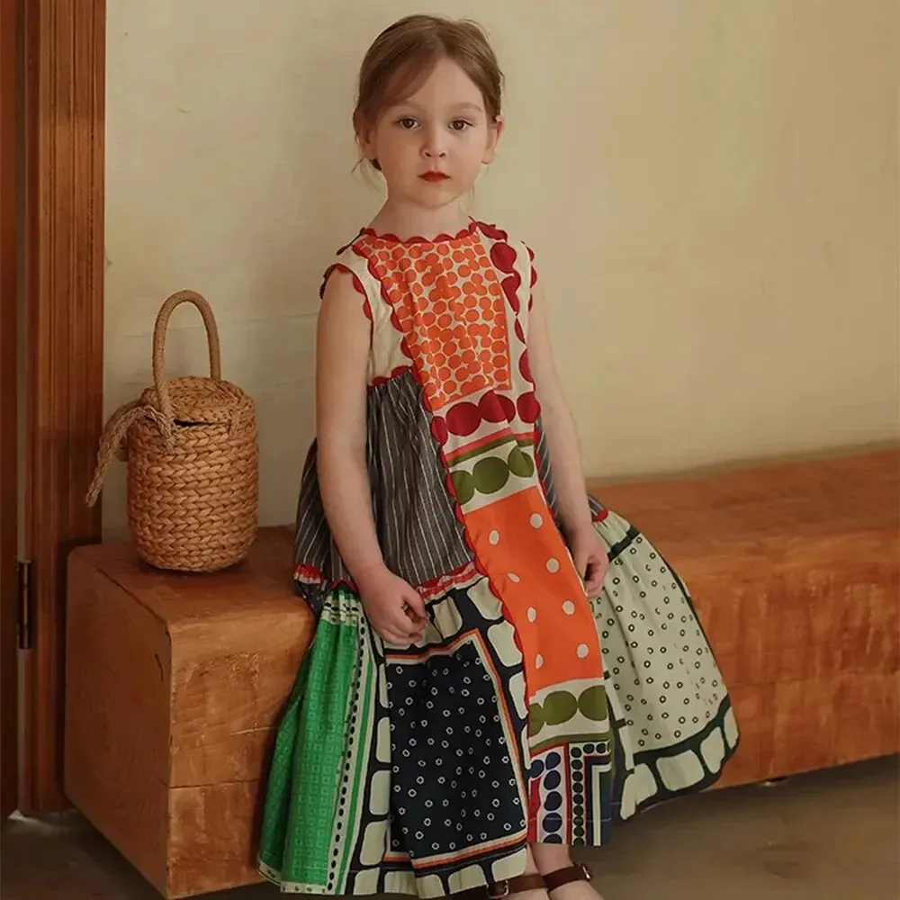 Conyson Mädchenkleid Sommer Kindermode rundhalsausschnitt ärmellos geometrisches mehrfarbiges Kleid bequemes Freizeitkleid