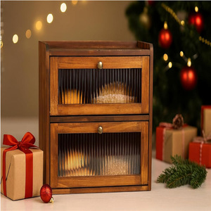 Wooden Double Layer Bread Box Kitchen Storage Cabinet With Wave <b>Door</b> Dustproof Drawer Organizer For Home Baking - Product Image 3