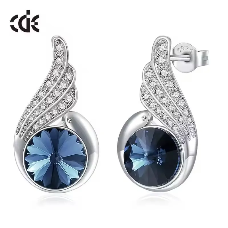 CDE e1976 đồ trang sức thời trang động vật Bông tai bán buôn Rhodium mạ đồng hợp kim sáng bóng màu xanh pha lê chim thả Bông tai cho món quà