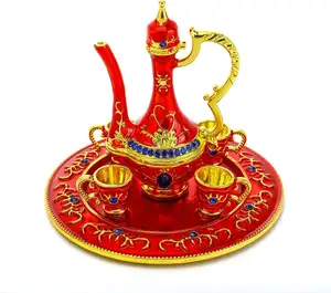 茶壶珠宝饰品盒铰链手绘珐琅戒指支架家居装饰礼品，3英寸欧洲红色民间艺术现代瓜锡
