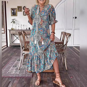 <span class=keywords><strong>Vestidos</strong></span> Largos Casuales de Verano con Estampado Floral de Canal 2026 para Mujer, Corte Holgado, Cuello en V, Media Manga, Estilo Bohemio, Vestido Fluido para Vacaciones - Product Image 1