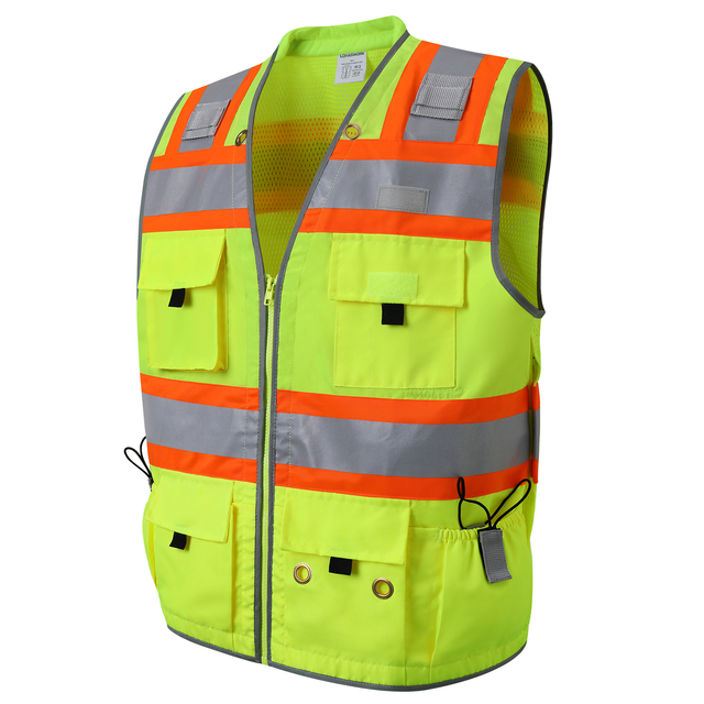 High Visibility Safety Vest Mesh - ANSI Class 2 Work Vest with Back Large Cargo Pocket Breathable & Pockets for Construction