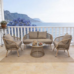Juego de Sofás de Ratán para Exteriores Personalizable Inspirado en Cape Town, 4 Piezas con Mesa de Centro de Vidrio, Colores para Patio Costero - Product Image 1