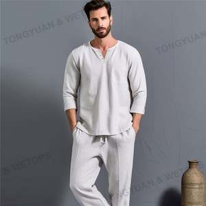 Camicia da <span class=keywords><strong>uomo</strong></span> con scollo a V e pantaloni da Yoga Casual pigiami da <span class=keywords><strong>uomo</strong></span> in lino di cotone - Product Image 2
