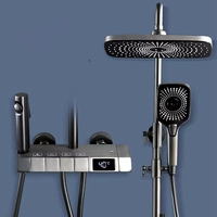 Ensemble de douche numérique moderne gris avec mitigeur monocommande, jet pluie, barre coulissante et quatre fonctions, pour projets hôteliers