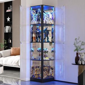 Vitrine haute autoportante en verre avec portes verrouillables, multifonctionnelle comme bibliothèque, casier à vin et vitrine à vaisselle - Product Image 4