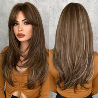 Perruque Synthétique Ondulée Marron Haut de Gamme Résistante à la Chaleur pour Femme, Fibre à Ondulation Naturelle, Coiffure Frangée Superposée, Style Droit, Vente en Gros