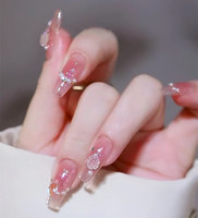 Faux Ongles Romantiques Rose Nude à Coller 30 Pièces, Forme Cercueil Moyenne en ABS avec Colle, Motifs Perles et Floraux