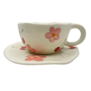 250ML Ins Style Hand Pinched Irregular Flower Milk Tea Cup <b>Ceramic</b> <b>Mugs</b> Flower Cherry Strawberry Coffee Cup With Plate - Product Image 3