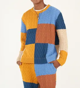 Custom Fashion Men Knit Cotton Jumper Pullover Men 's Cable Color Block Patchwork Knitted Sweaters Set