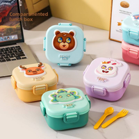 Boîte à lunch carrée à double étage en plastique PP, style dessin animé mignon, avec couverts, micro-ondable, 3 compartiments, empilable, bento pour étudiants