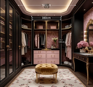 Clóset Moderno y Opulento Personalizado - Marco Negro y Detalles en Rosa, Herrajes Dorados Ornamentales e Iluminación LED, Tocador para Vestidor de Lujo - Product Image 1