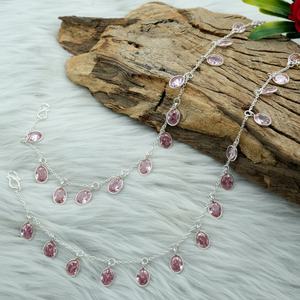 กำไลข้อเท้าเงินสเตอร์ลิง925อัญมณีสีชมพูและพลอยสีชมพูแท้10นิ้วปรับได้ของขวัญเป็นคู่สำหรับเธอ - Product Image 1