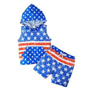 2024 New Infant Toddler Boy Summer Outfit Set Blue Stars Print Sleeveless Shirt with Hat + Shorts for 4th of July 1-5 Years