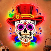 Insegna al Neon Teschio di Zucchero per il Giorno dei Morti, Luce da Parete a LED con Cappello Messicano, Dimmerabile, Stampa UV, Decorazione per Feste di Halloween, Alimentazione USB, Decorazione per Bar