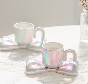 Juego de Tazas y Platos de Café con Lazo Iridiscente Electrochapado, Taza de Cerámica 3D Personalizable, Regalo Perfecto para Parejas y Bodas - Product Image 2