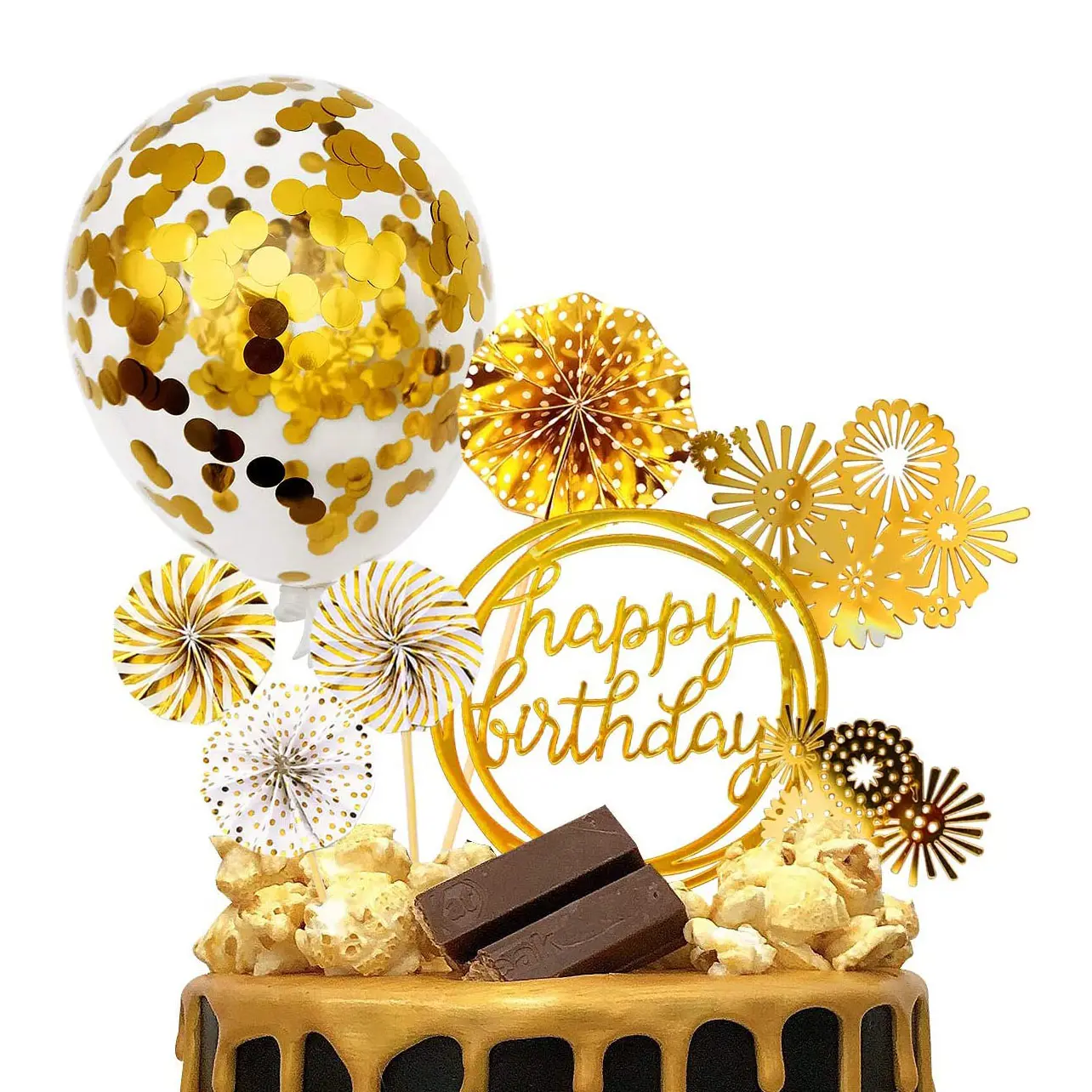 Nicro Gold Thema Alles Gute zum Geburtstag Papier Fans Banner Mini Konfetti Ballon Feuerwerk Party Golden Cupcake Cake Topper Dekoration