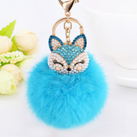 Porte-clés Tête de Renard en Strass avec Pompon en Fourrure de Lapin Moelleuse, Breloque de Sac en Alliage de Zinc, Pendentif pour Clé de Voiture, Accessoires en Gros