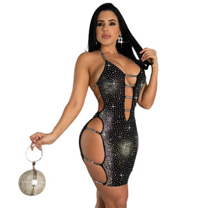 Vestido de fiesta sexy para mujer, sin espalda, con aberturas, brillante, con pedrería, sin mangas, ajustado, para <span class=keywords><strong>discoteca</strong></span>, mini vestido halter para damas - Product Image 4