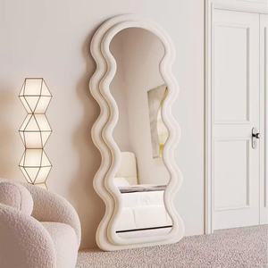HD Imaging Full Length Black Wavy Glass Mirror <b>Wood</b> Framed Velvet <b>Wrap</b> Shatterproof 4mm Thick Modern Wall Design for Bedroom - Product Image 3