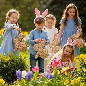 YULIN JIAFU Handmade Bunny Rattan Woven Basket Cute <strong>Small</strong> Rabbit Picnic <strong>Hamper</strong> for Egg Hunt Candy Gifts Flower - Product Image 4
