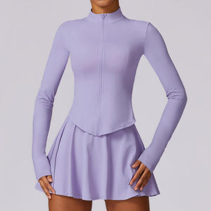Stand Collar <b>Long</b> Sleeve Yoga Dress With Flared Skirt Quick Dry Spandex Polyester Solid Color High Waist - Product Image 3