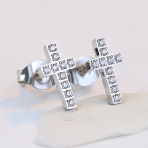 Cross <b>Stud</b> Earrings 6Mm Stainless Steel Zircon Inlay Channel Setting Everyday Wear Gold <b>Silver</b> Color - Product Image 4