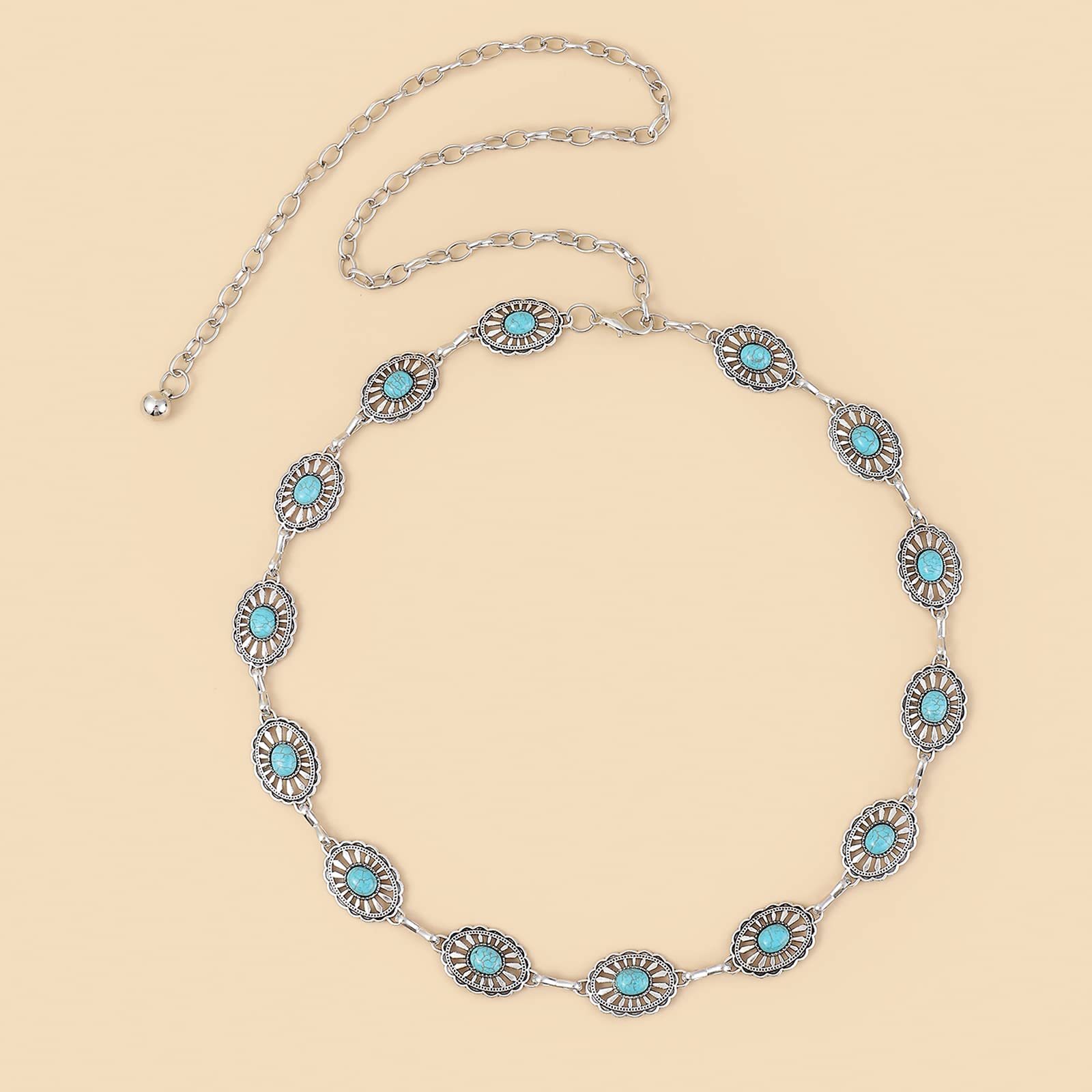 Western Oval Coral Silver Metal Boho Stone Chain Belt Statement Accessory Who Is Rose Celina Concho Chain Belt | Bohemian Love Runway main image 2