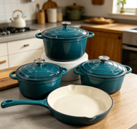 Set Peralatan Masak Enamel Cast Iron 4Pcs Dutch Oven Casserole Skillet Pan Gagang Ganda Aman untuk Oven Peralatan Masak Kustom OEM Set Panci Masak