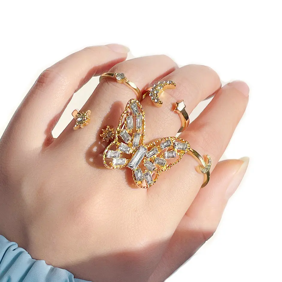 Wholesale fashion ring set diamond big butterfly index finger ring 5 sets of golden star and moon combination set opening ring