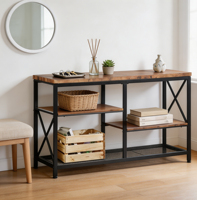 Mesa Consola Moderna Industrial de 3 Niveles con Estructura Metálica en Forma de X y Estantes de Madera para Almacenamiento en la Entrada o Sala de Estar