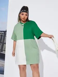 Vente en gros Robe t-shirt d'été à blocs de couleurs pour femmes Robe d'été grande taille en coton biologique décontractée pour femmes de grande taille en vrac