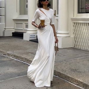 เดรสยาวทรงหรูหราสำหรับผู้หญิง แขนสั้น คอทรงโอเว้า ดีไซน์ผ่าข้าง ชุดลำลองสำหรับผู้หญิง - Product Image 1