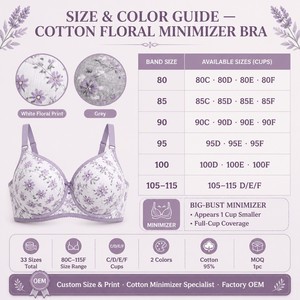 Soutien-gorge minimisant à armatures pour femme, réduction de la taille de poitrine, bonnet complet, mélange de coton imprimé, bonnet moulé ultra fin, 3 rangées, motif pastoral, vente en gros - Product Image 3
