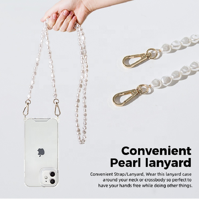 2023 Girly for Amazon Neck Strap Luxury PC TPU Trend Custom Logo Bulk Clear Designer Pearl Beads Chain Phone Cases for IPhones