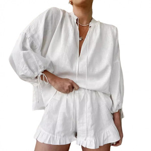 Women 2 Pieces Set Summer Clothes Casual Loose Cotton V Neck Lantern Sleeve Shorts High Waist Elegant Ruffle Shirt Shorts Set - Product Image 1