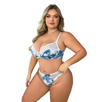 Ensemble de lingerie quotidienne sexy en dentelle patchwork grande taille pour femmes, avec nœud papillon, bikini tie-dye semi-transparent, soutien-gorge et culotte à découpe haute