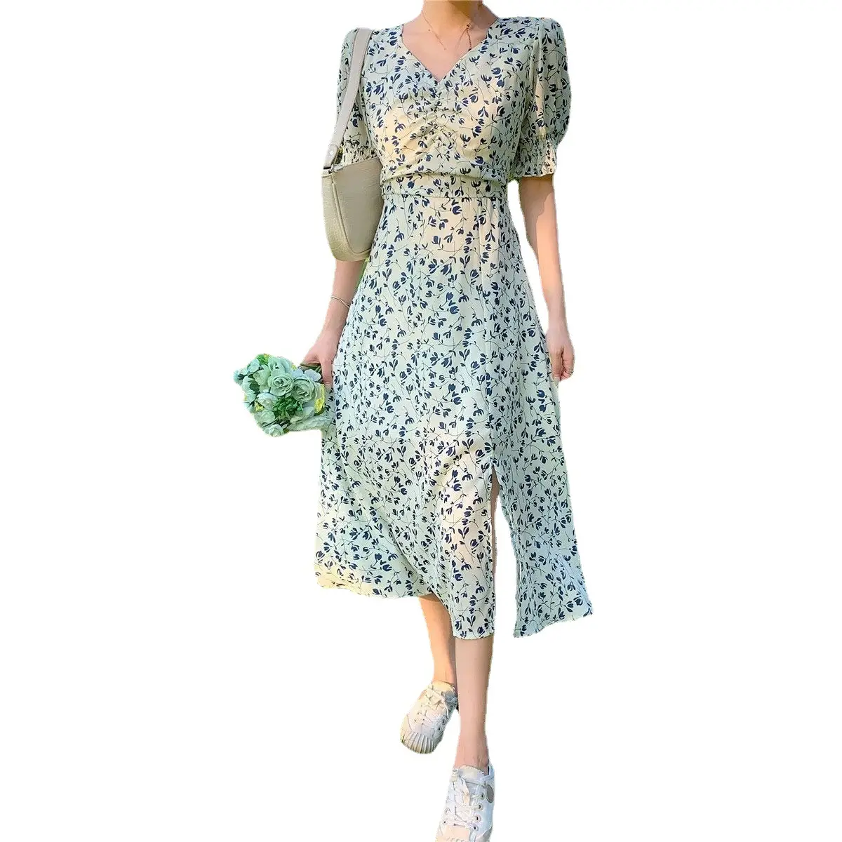 Allure kadınlar kore tarzı fransız Retro çay molası çiçek elbise kadınlar 2022 yeni yaz kısa kollu şifon Maxi rahat elbise