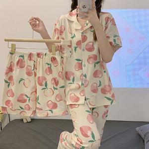 Conjunto de pijama de tres piezas de verano estilo melocotón para mujer, pantalones de manga corta con transmisión en vivo de celebridades de Internet, cintura elástica ODM - Product Image 1