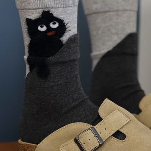 Women Flocked <b>Cat</b> Seamless <b>Socks</b> Mid Calf Breathable Sweat Absorbing Anime Cartoon Design Beige Dark Gray Light Gray - Product Image 2