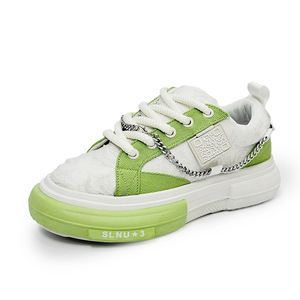 Chunky <b>Canvas</b> Sneakers White <b>Round</b> Toe Lace Up Chunky Sole With Chain Detail All Seasons Walking Style Shoes - Product Image 4