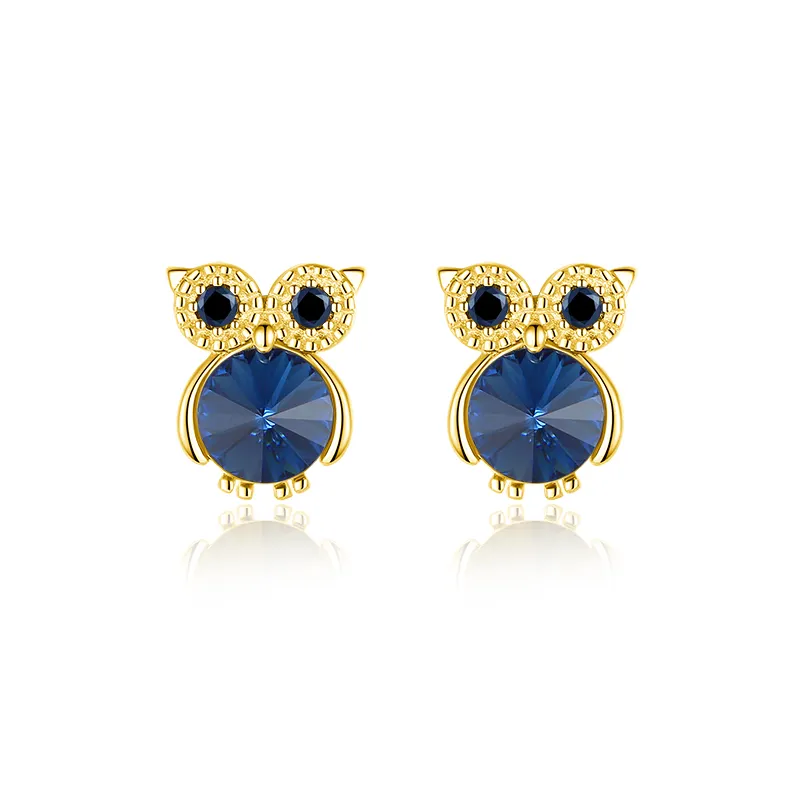 YINSAKI 925 Sterling Silver Crystal Owl Stud Earring 18K White Gold Gold Animal Earrings