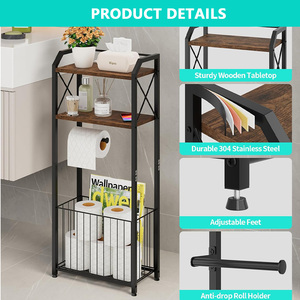 Portarotolo <span class=keywords><strong>da</strong></span> terra con mensole in legno e cesto grande per <span class=keywords><strong>bagno</strong></span>, lavanderia, appartamento - Product Image 4